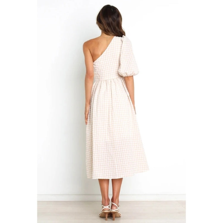 Summer One Shoulder Short Sleeve Plaid Print Swing Dress for Ladies