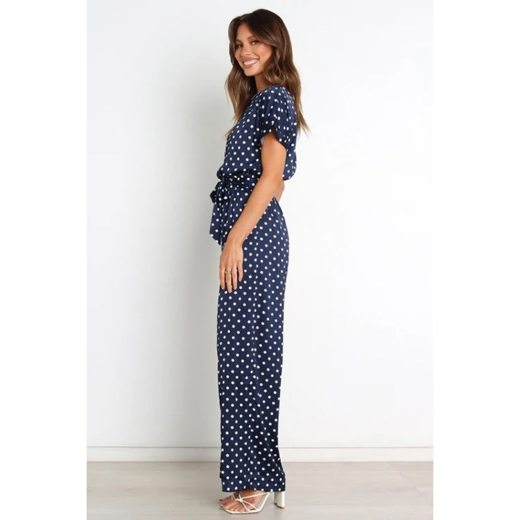 Batwing Sleeve Tie Waist Dot Print Jumpsuit For Ladies