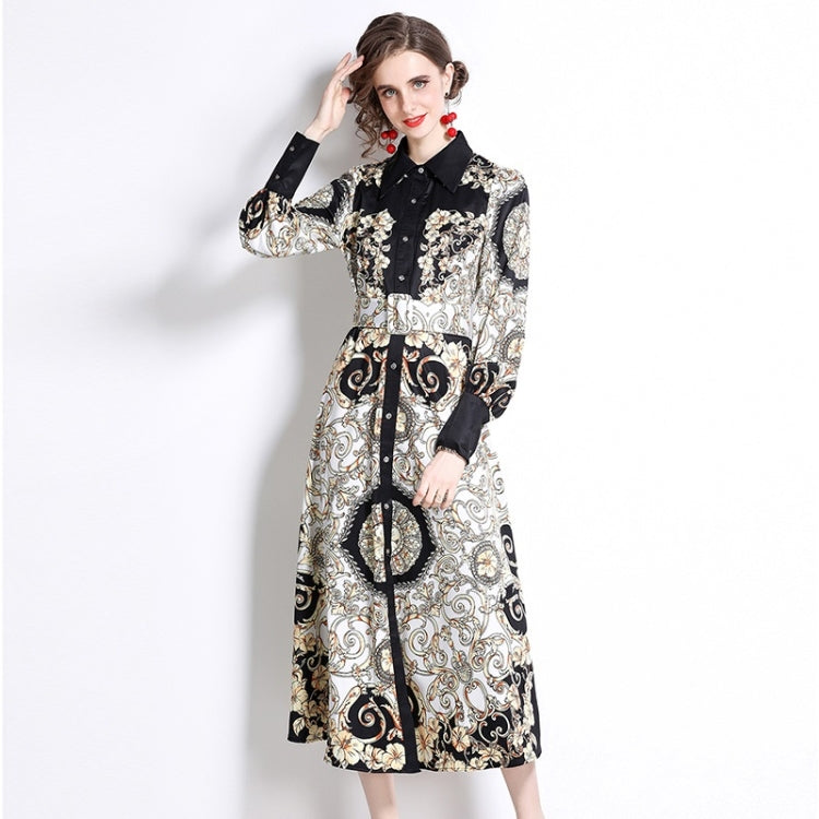 Spring Printed Lapel Nipped Waist Long Sleeve Dress for Women