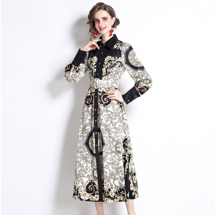 Spring Printed Lapel Nipped Waist Long Sleeve Dress for Women