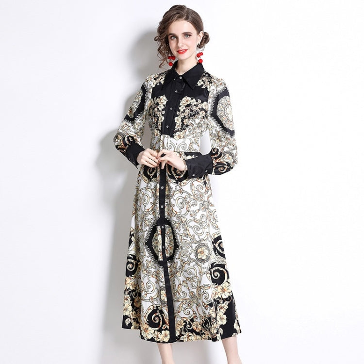 Spring Printed Lapel Nipped Waist Long Sleeve Dress for Women