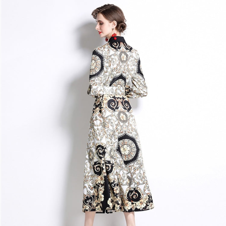Spring Printed Lapel Nipped Waist Long Sleeve Dress for Women