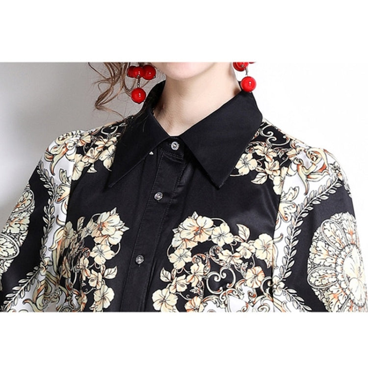 Spring Printed Lapel Nipped Waist Long Sleeve Dress for Women