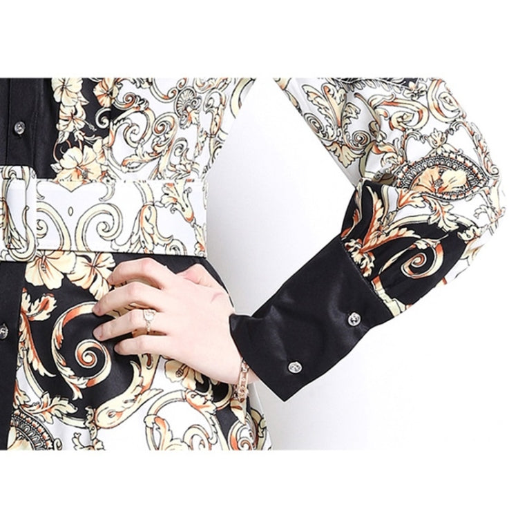 Spring Printed Lapel Nipped Waist Long Sleeve Dress for Women