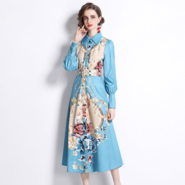 Spring Flowers Printed Lapel Nipped Waist Long Sleeve Dress For Women