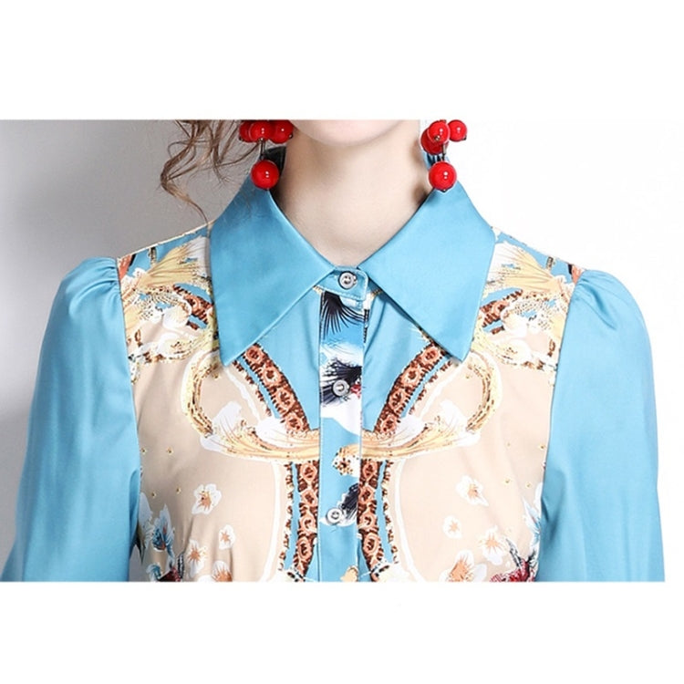 Spring Flowers Printed Lapel Nipped Waist Long Sleeve Dress For Women