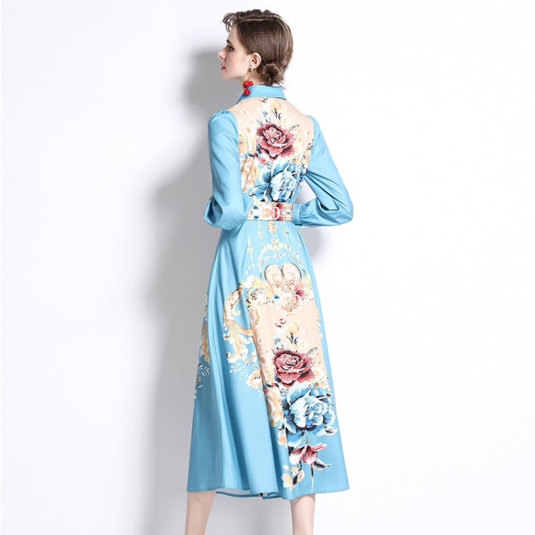 Spring Flowers Printed Lapel Nipped Waist Long Sleeve Dress For Women