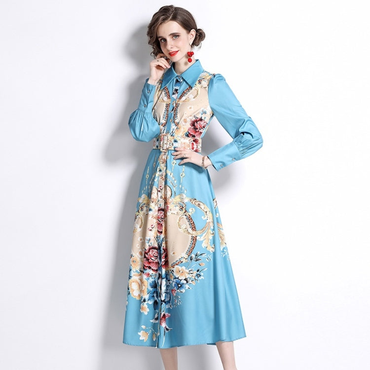 Spring Flowers Printed Lapel Nipped Waist Long Sleeve Dress For Women