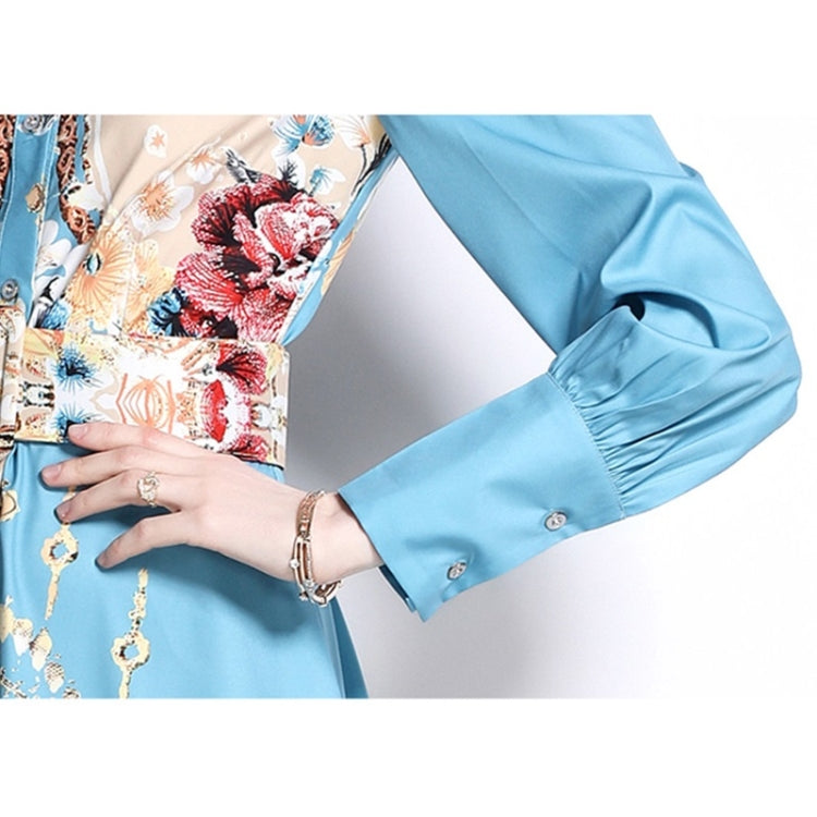 Spring Flowers Printed Lapel Nipped Waist Long Sleeve Dress For Women