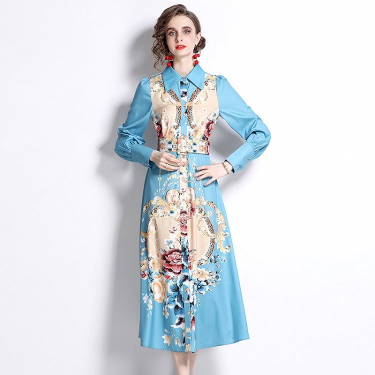 Spring Flowers Printed Lapel Nipped Waist Long Sleeve Dress For Women