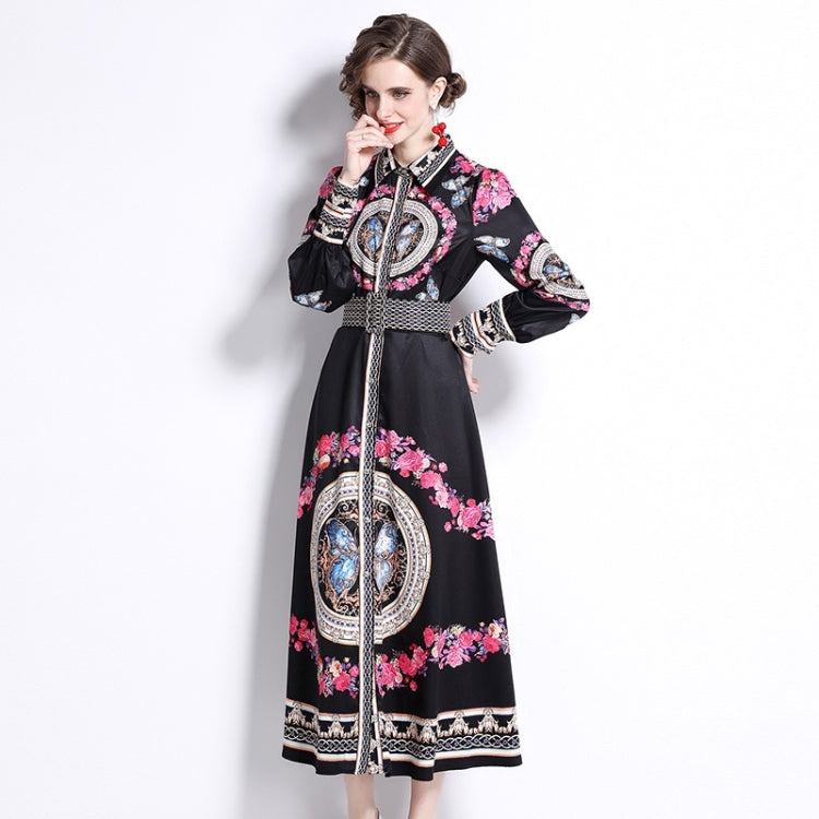 Spring Wreath Print Lapel Neck Waist Long Sleeve Dress For Women