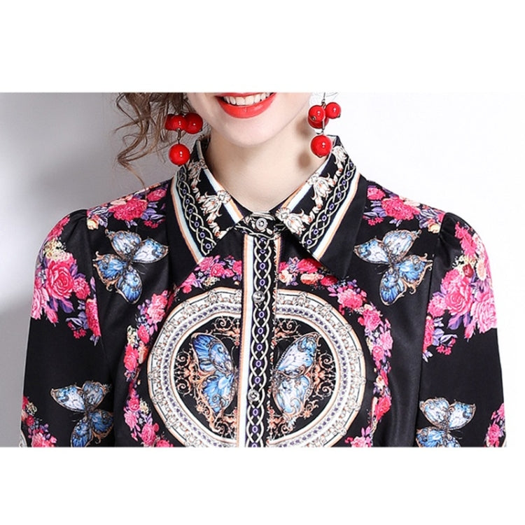 Spring Wreath Print Lapel Neck Waist Long Sleeve Dress For Women