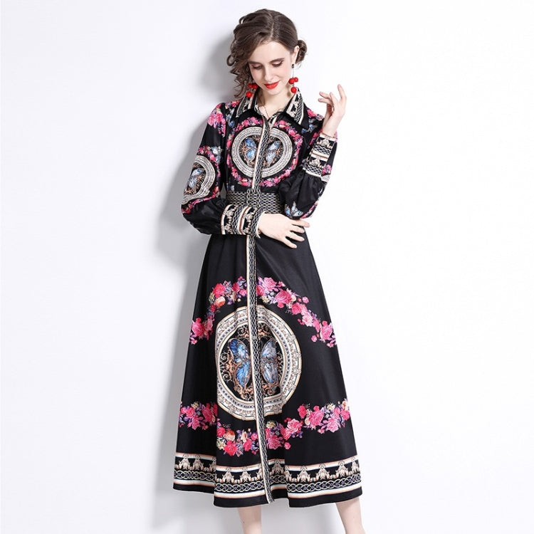 Spring Wreath Print Lapel Neck Waist Long Sleeve Dress For Women