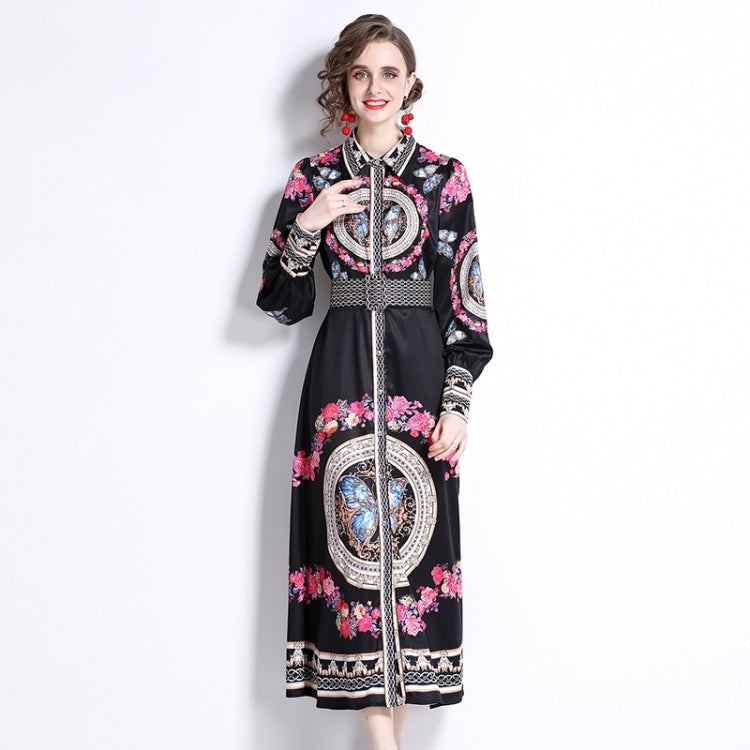 Spring Wreath Print Lapel Neck Waist Long Sleeve Dress For Women