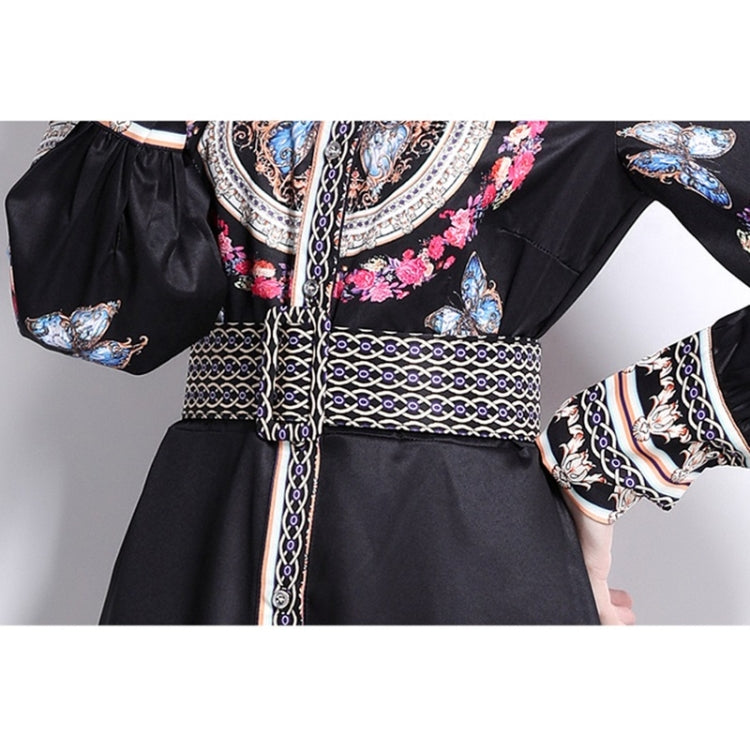 Spring Wreath Print Lapel Neck Waist Long Sleeve Dress For Women