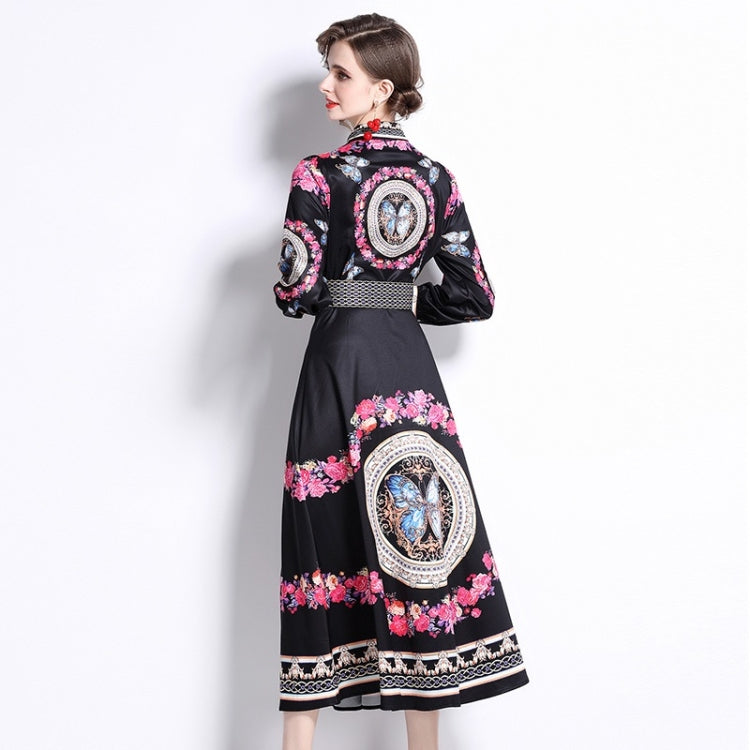 Spring Wreath Print Lapel Neck Waist Long Sleeve Dress For Women