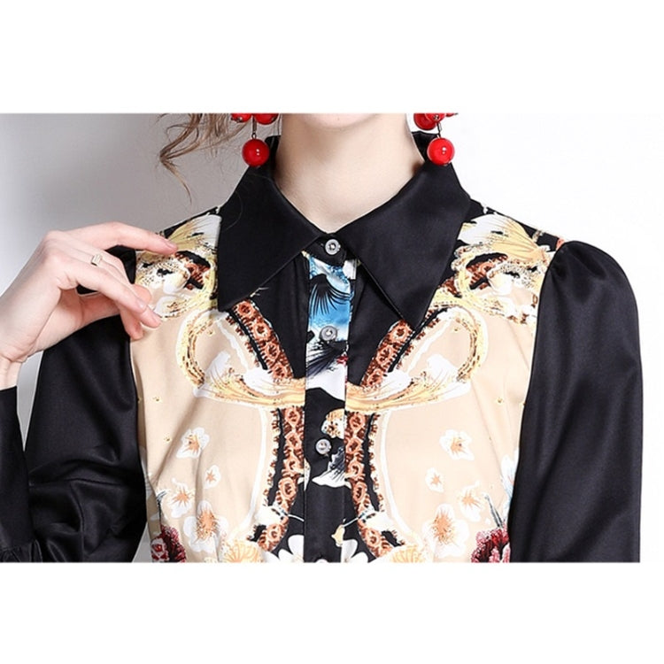 Spring Flowers Printed Lapel Nipped Waist Long Sleeve Dress For Women