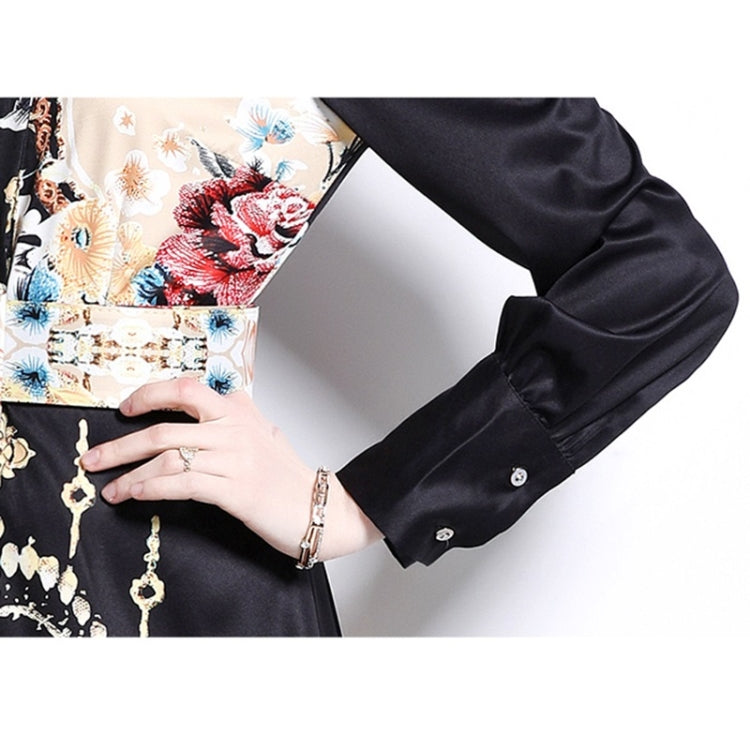 Spring Flowers Printed Lapel Nipped Waist Long Sleeve Dress For Women