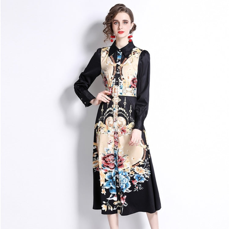Spring Flowers Printed Lapel Nipped Waist Long Sleeve Dress For Women