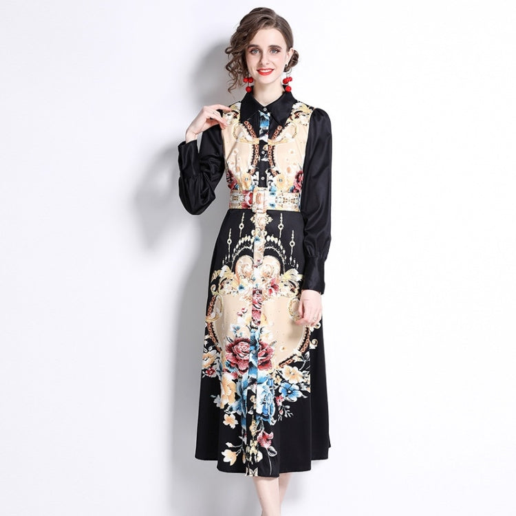 Spring Flowers Printed Lapel Nipped Waist Long Sleeve Dress For Women