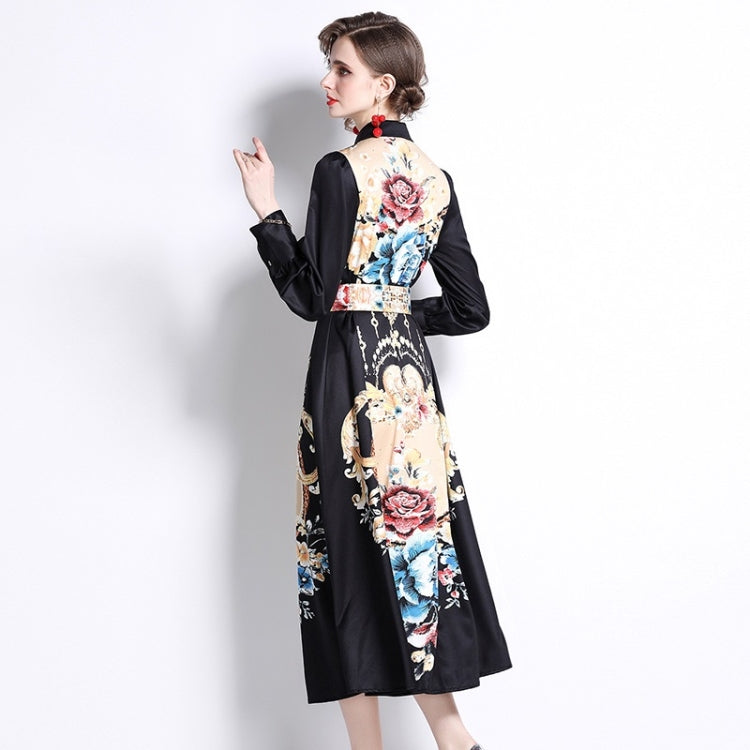 Spring Flowers Printed Lapel Nipped Waist Long Sleeve Dress For Women