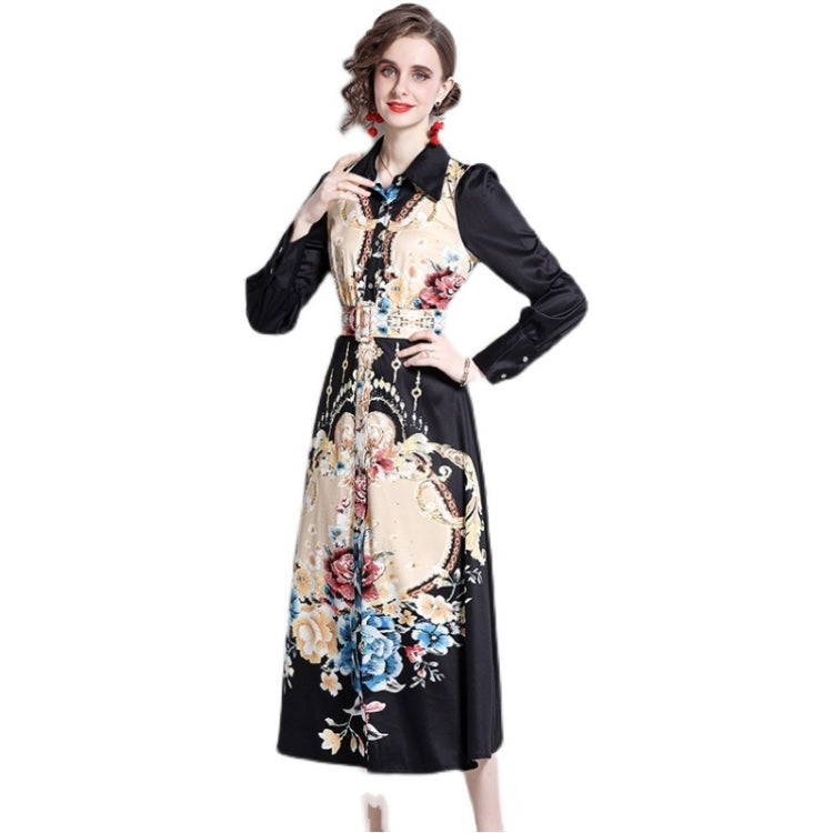 Spring Flowers Printed Lapel Nipped Waist Long Sleeve Dress For Women