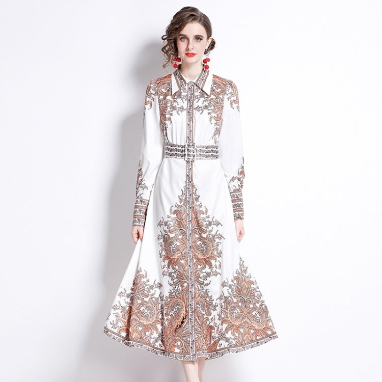 Spring Leaf Print Lapel Neck Waist Long Sleeve Dress For Ladies