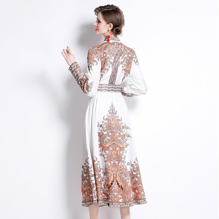 Spring Leaf Print Lapel Neck Waist Long Sleeve Dress For Ladies