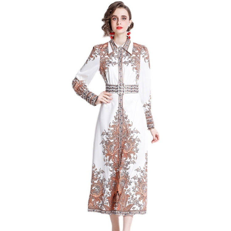 Spring Leaf Print Lapel Neck Waist Long Sleeve Dress For Ladies