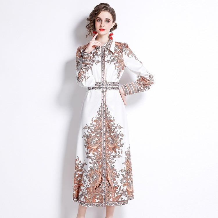 Spring Leaf Print Lapel Neck Waist Long Sleeve Dress For Ladies