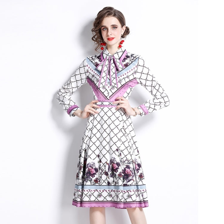 Spring Plaid Print Lapel Neck Waist Long Sleeve Dress For Ladies