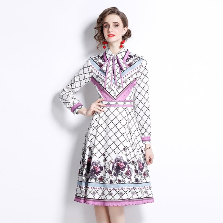 Spring Plaid Print Lapel Neck Waist Long Sleeve Dress For Ladies