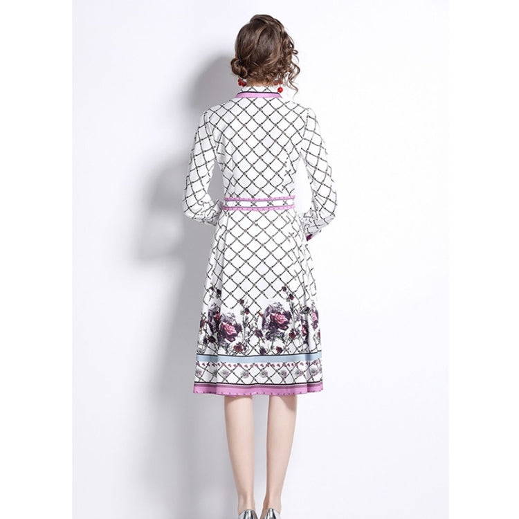 Spring Plaid Print Lapel Neck Waist Long Sleeve Dress For Ladies