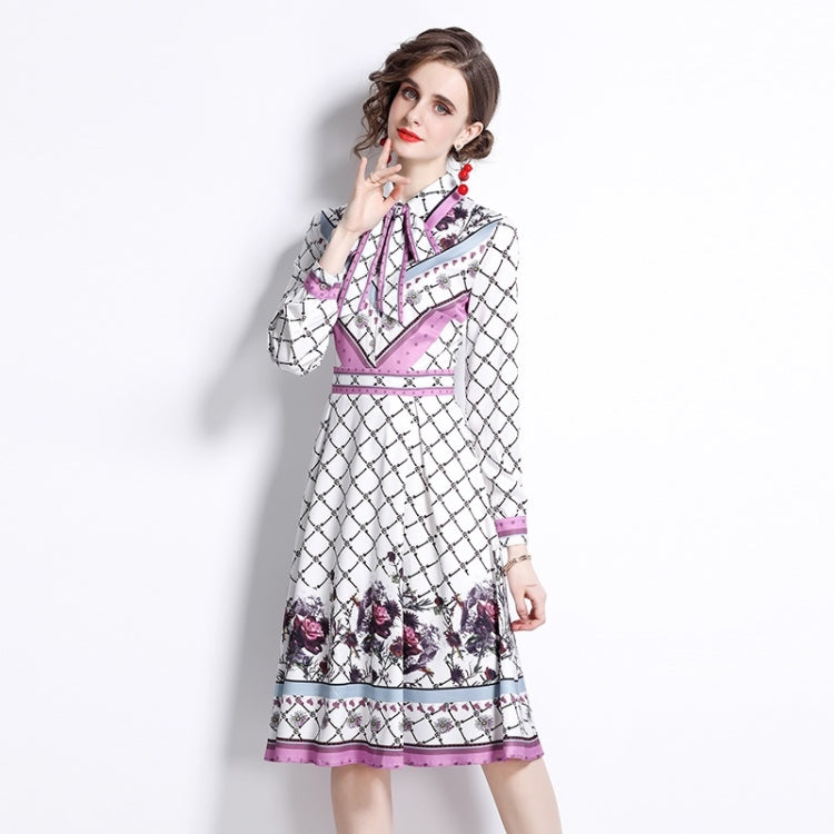 Spring Plaid Print Lapel Neck Waist Long Sleeve Dress For Ladies