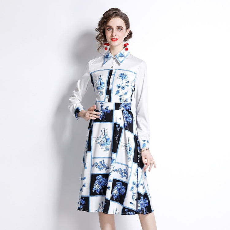 Spring Square Print Lapel Nipped Waist Long Sleeve Dress for Women