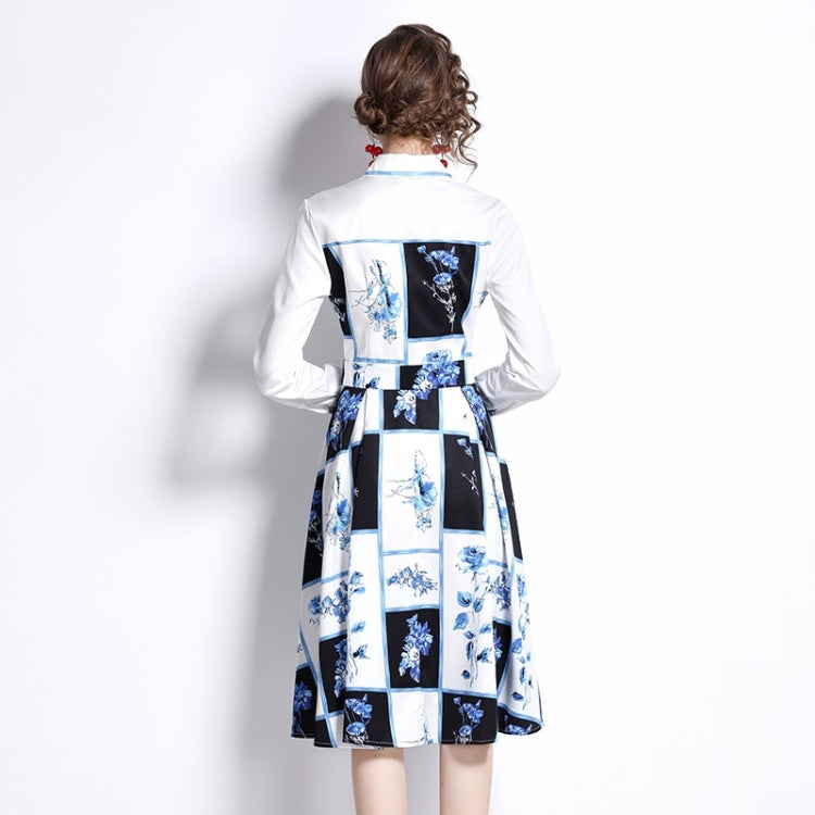 Spring Square Print Lapel Nipped Waist Long Sleeve Dress for Women
