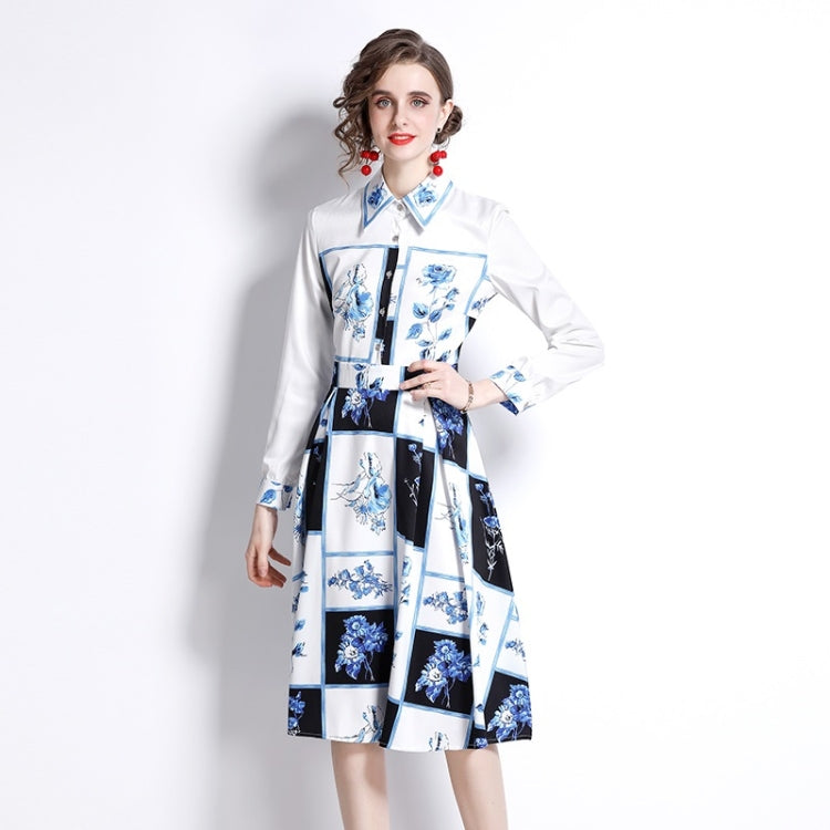 Spring Square Print Lapel Nipped Waist Long Sleeve Dress for Women