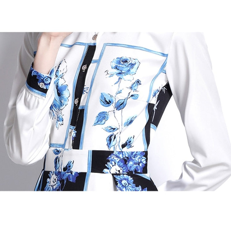 Spring Square Print Lapel Nipped Waist Long Sleeve Dress for Women
