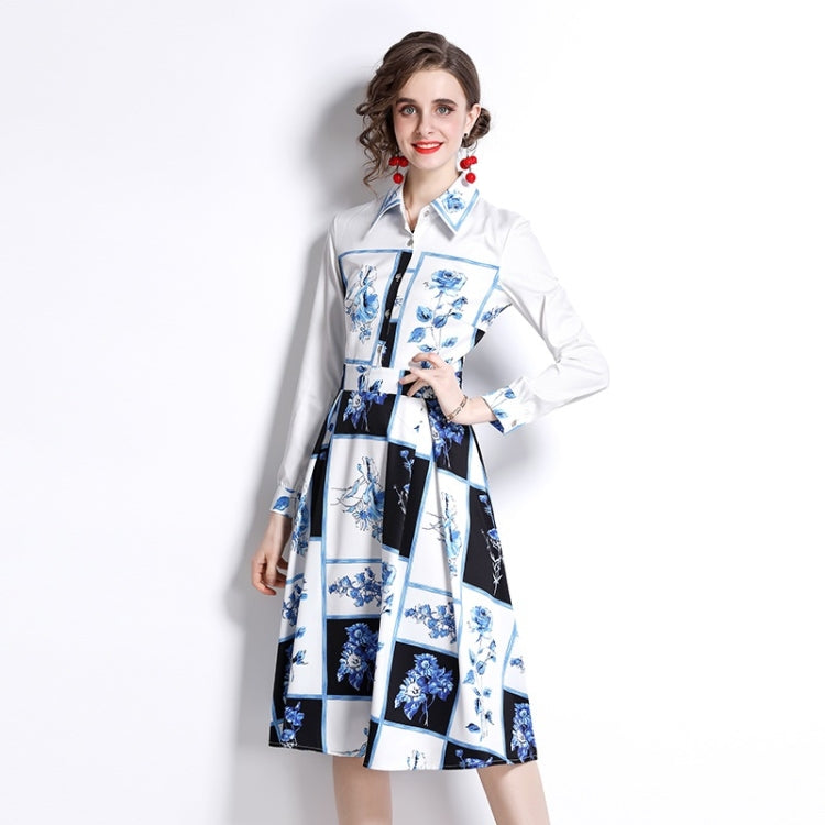 Spring Square Print Lapel Nipped Waist Long Sleeve Dress for Women