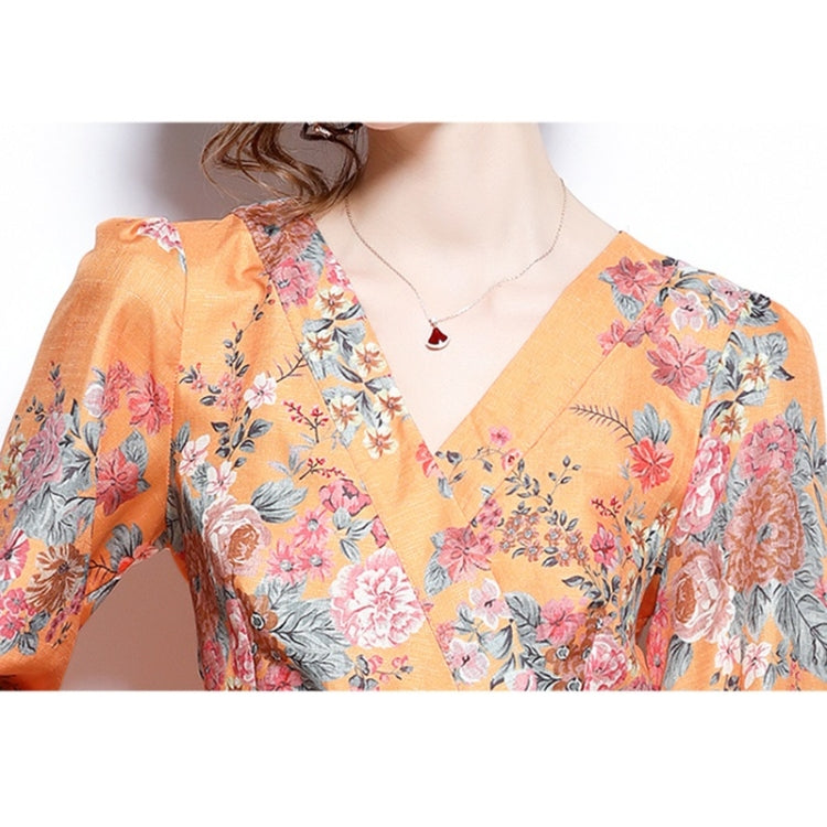 Spring Flower Print V-Neck Neck Waist Long Sleeve Dress for Women
