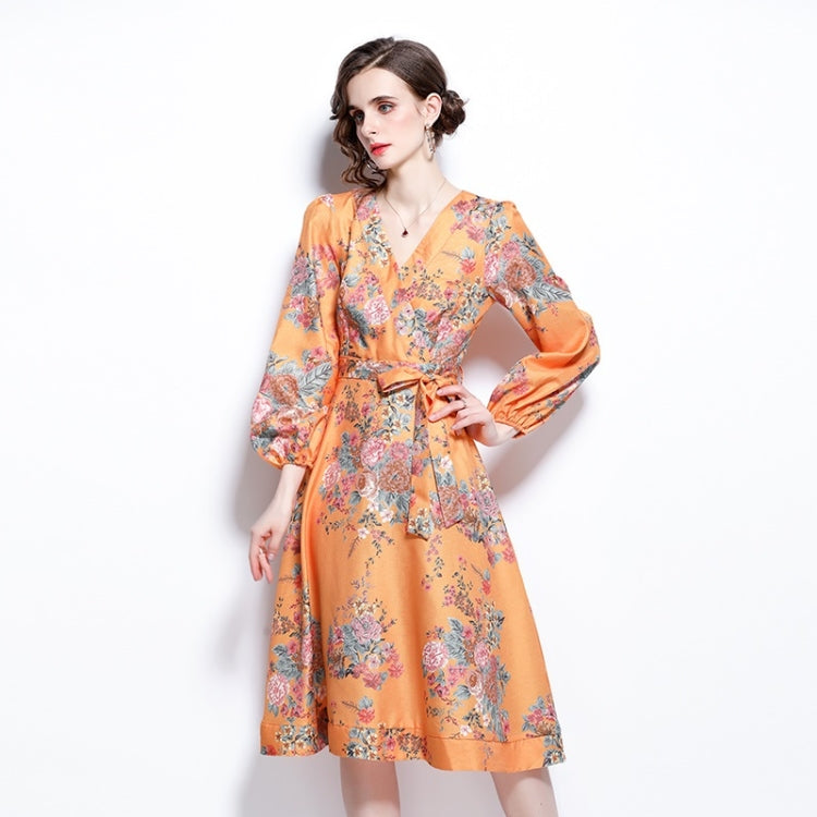 Spring Flower Print V-Neck Neck Waist Long Sleeve Dress for Women
