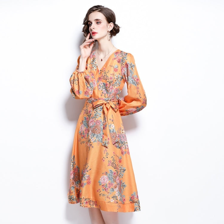Spring Flower Print V-Neck Neck Waist Long Sleeve Dress for Women