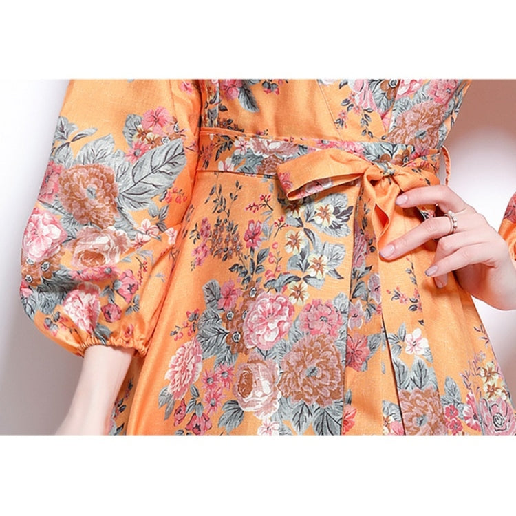 Spring Flower Print V-Neck Neck Waist Long Sleeve Dress for Women