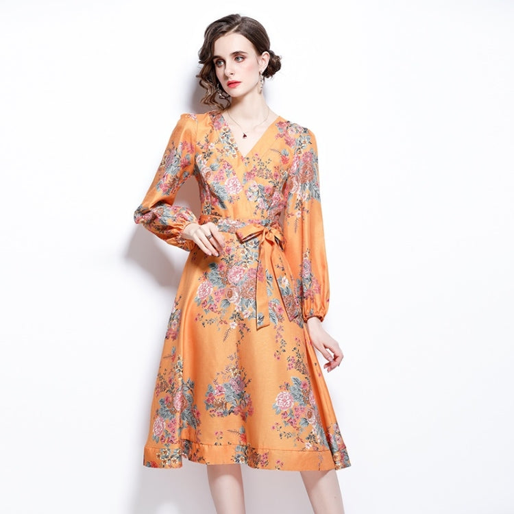 Spring Flower Print V-Neck Neck Waist Long Sleeve Dress for Women