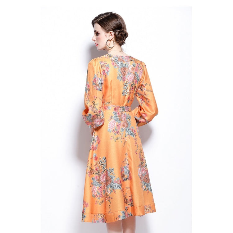 Spring Flower Print V-Neck Neck Waist Long Sleeve Dress for Women
