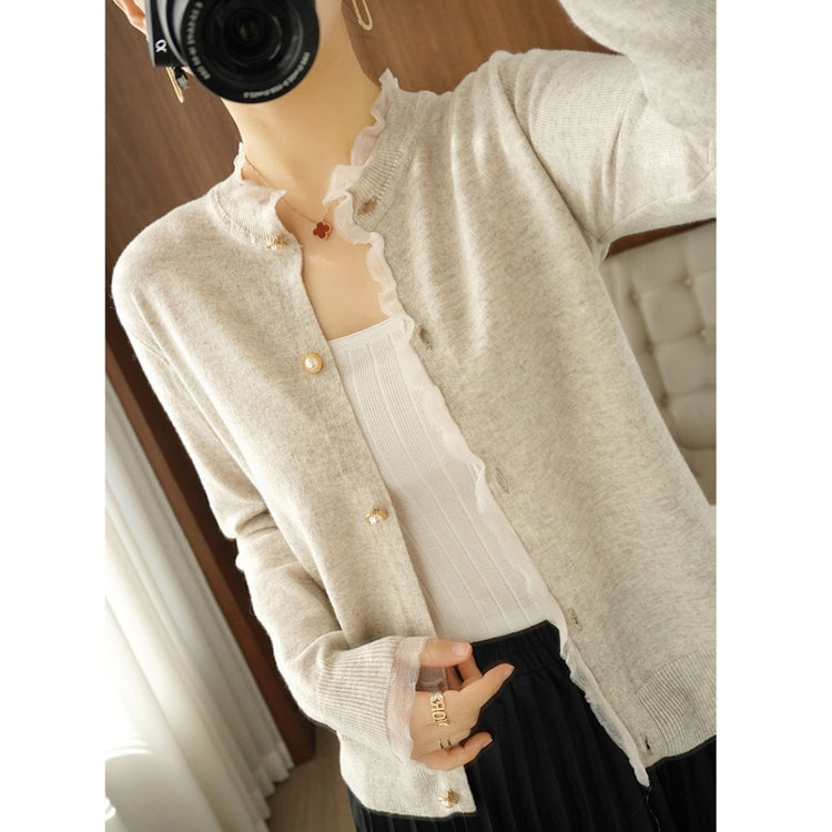 Pearl Button Crew Neck Lace Trim Cardigan Sweater