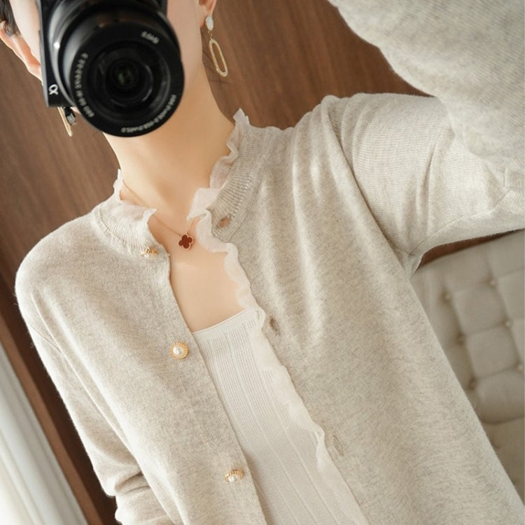 Pearl Button Crew Neck Lace Trim Cardigan Sweater