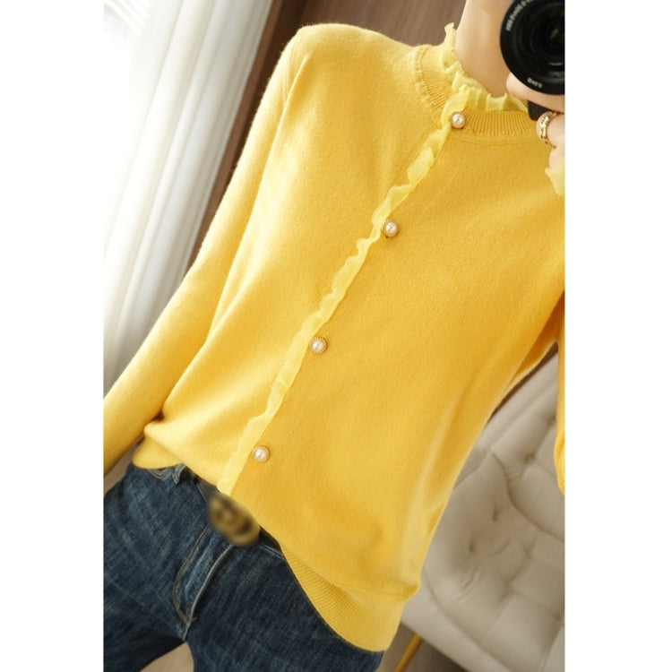 Pearl Button Crew Neck Lace Trim Cardigan Sweater