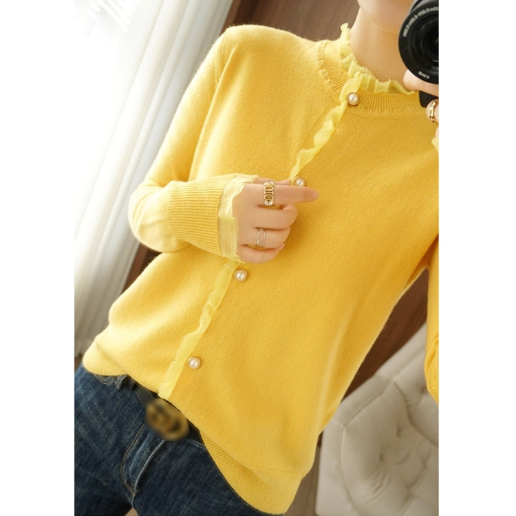 Pearl Button Crew Neck Lace Trim Cardigan Sweater