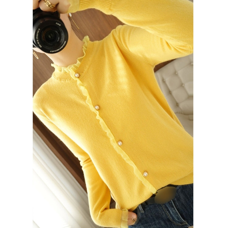 Pearl Button Crew Neck Lace Trim Cardigan Sweater